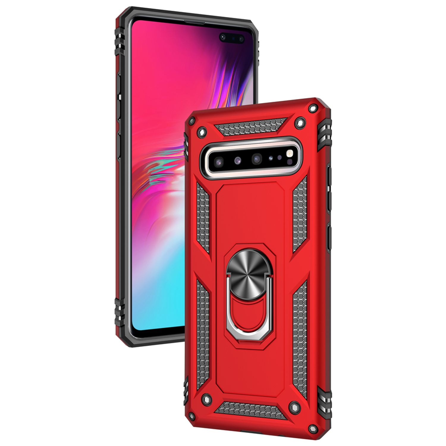 Eine rote Handyhülle mit Ringhalter. Dahinter ein weiteres Telefon.
