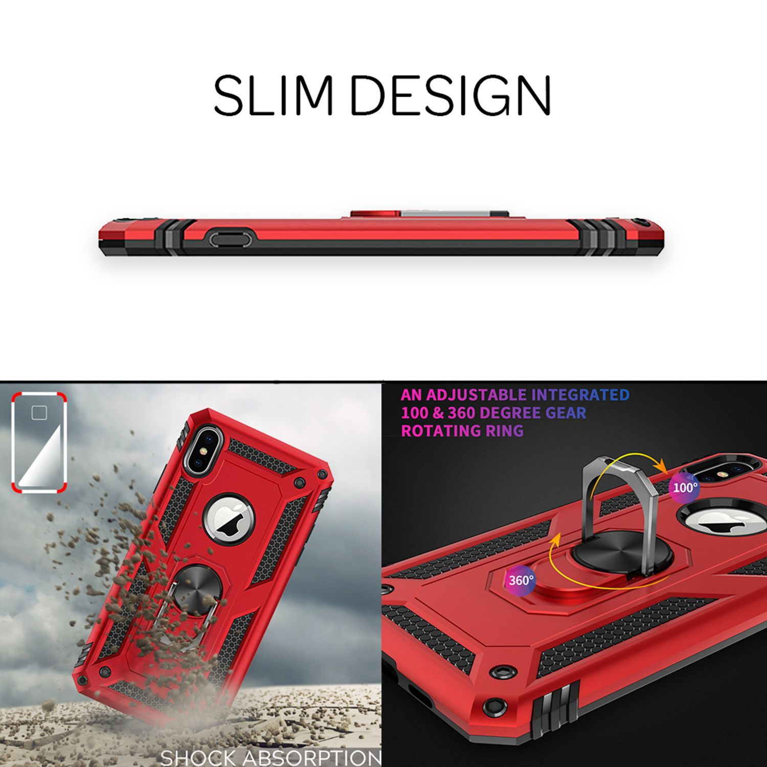 Eine rote Handyhülle mit Ringständer, in verschiedenen Ansichten gezeigt, die ihre Designmerkmale hervorheben.