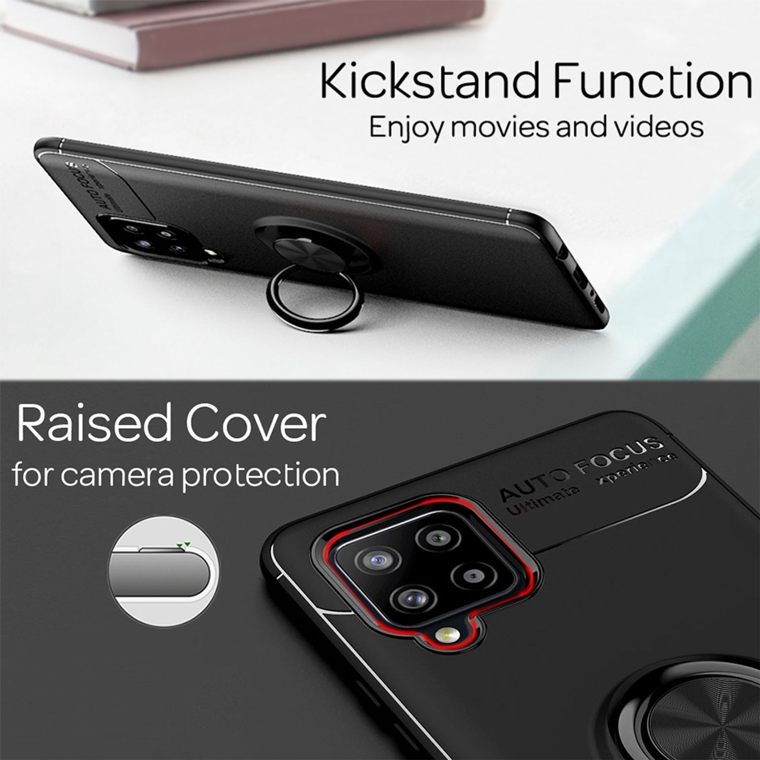 Schwarzes Telefon mit Hülle, Ringhalter. Text: Erhöhte Abdeckung zum Schutz der Kamera, Kickstand-Funktion.