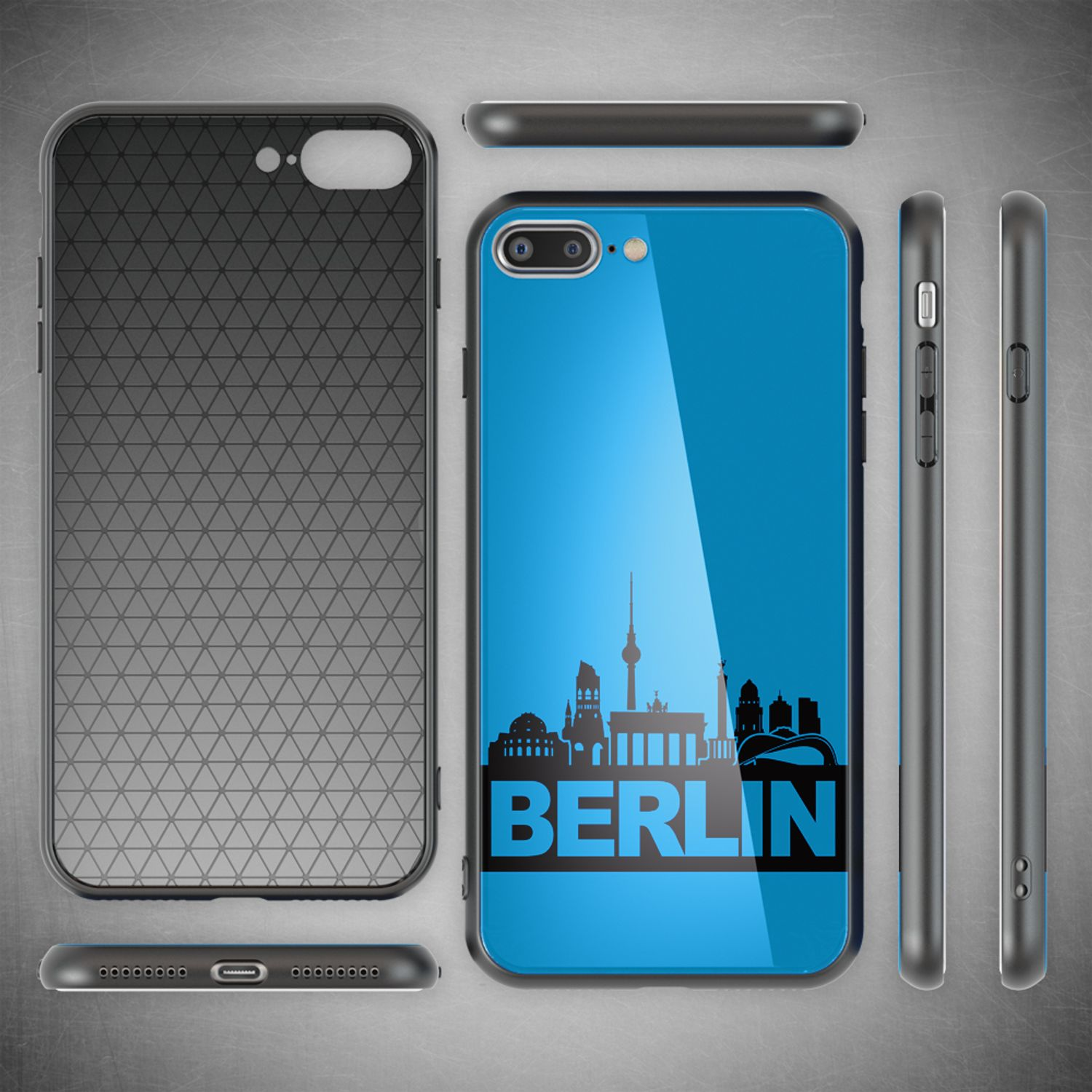 Handyhülle mit Berliner Skyline in Blau, mit schwarzem Farbverlauf innen. Mehrere Ansichten.