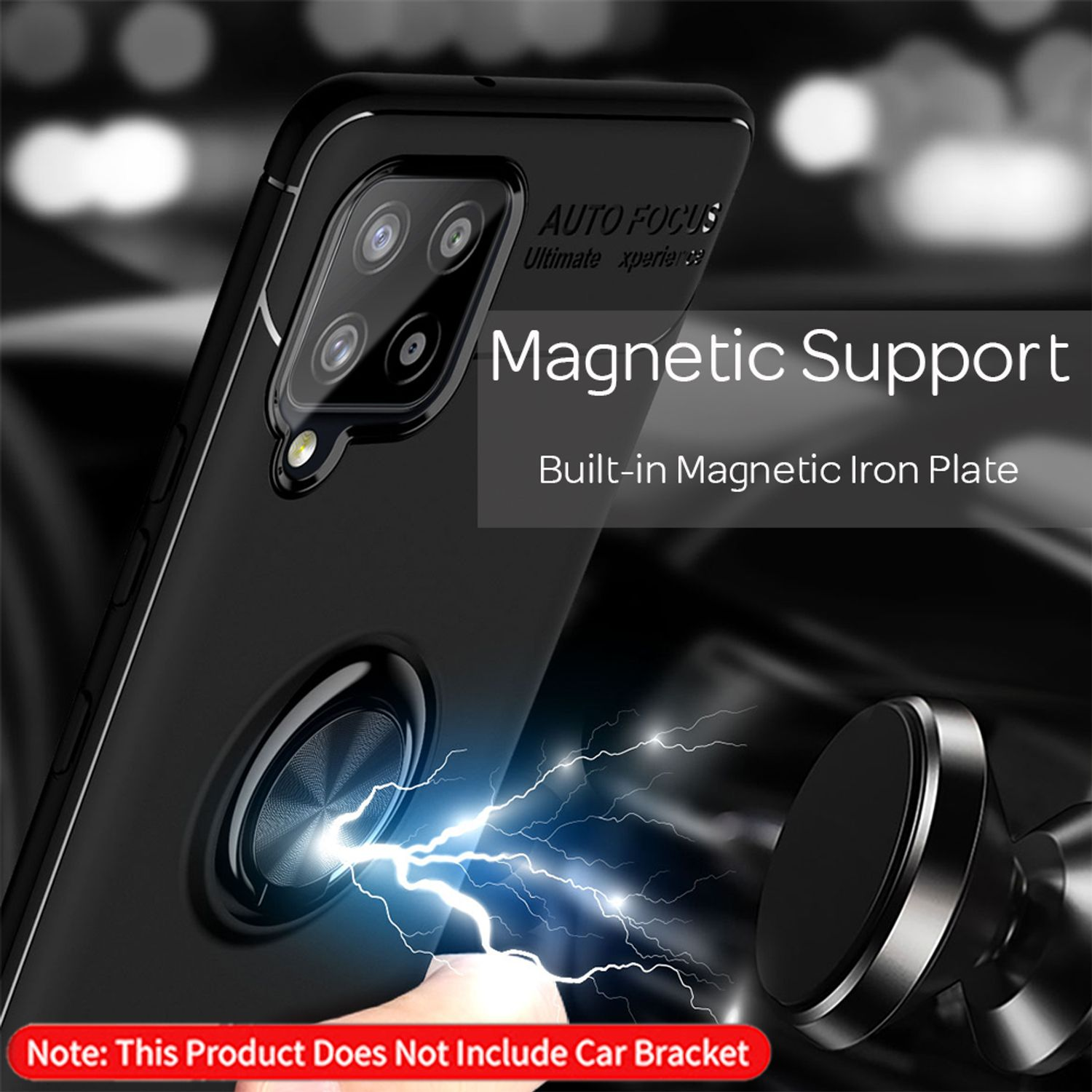Schwarze Handyhülle mit magnetischer Halterung und Blitz-Effekt. Auf weißem Hintergrund.
