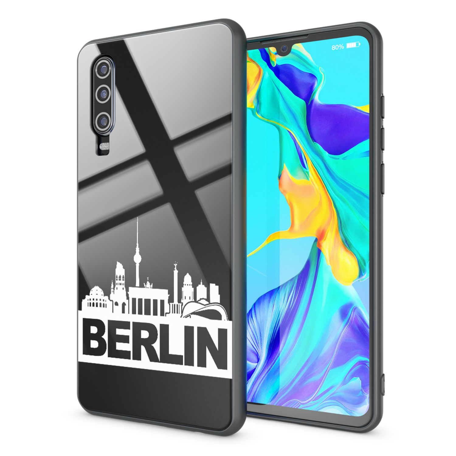Schwarze Handyhülle mit Berliner Skyline und Text auf der Rückseite, neben Telefon mit farbenfrohem Bildschirm.