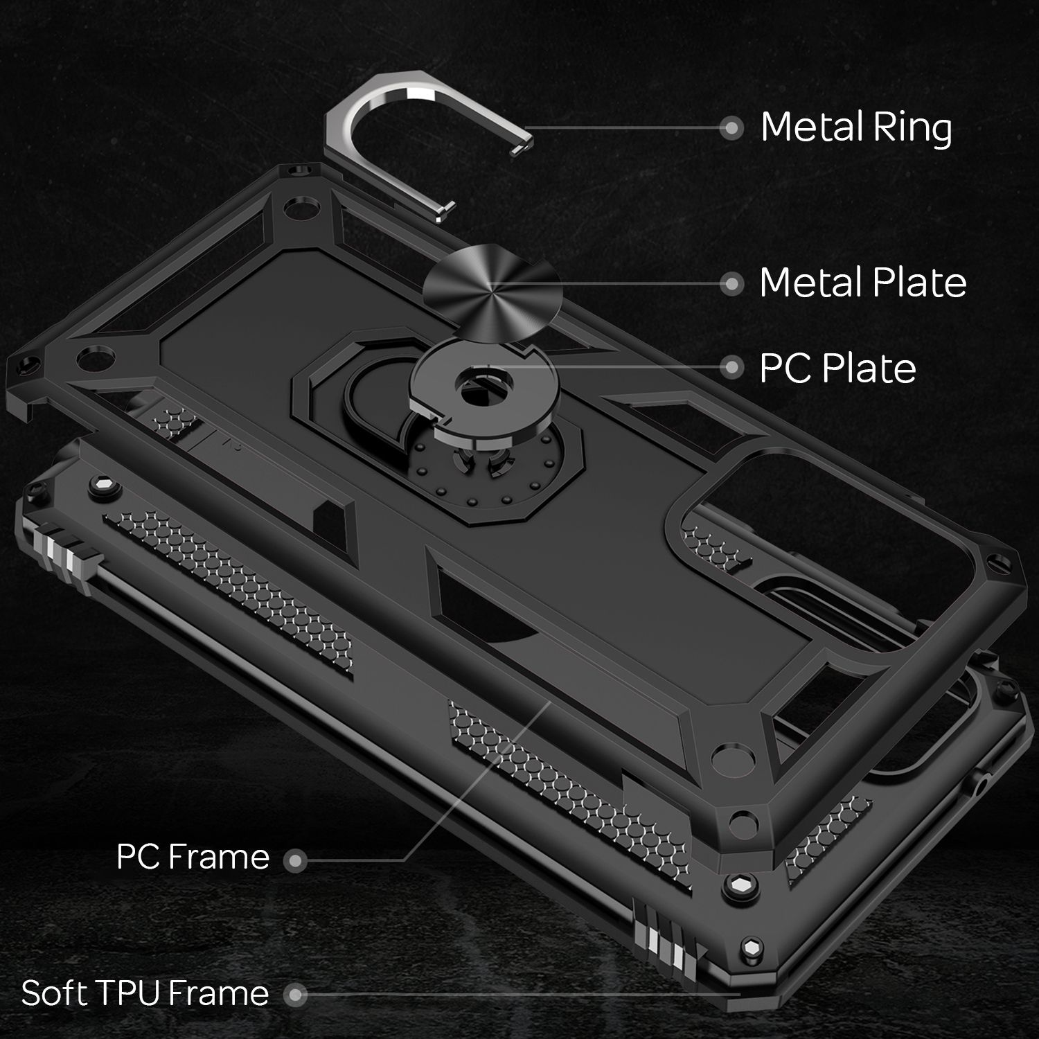 Zerlegte schwarze Handyhülle mit Metallring, PC-Platte, PC-Rahmen und weichem TPU-Rahmen.