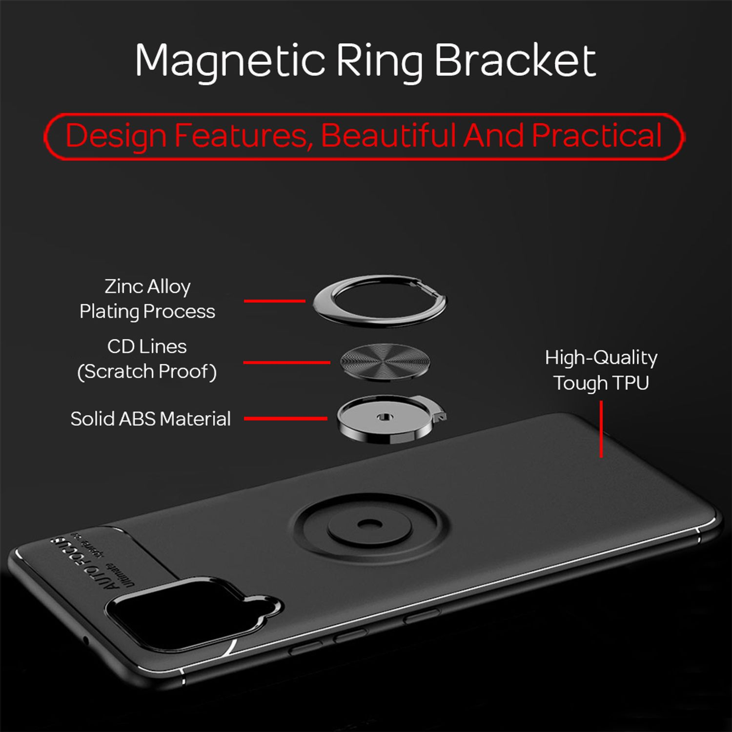 Eine schwarze Handyhülle mit einem Magnetring. Text zeigt Funktionen wie Zinklegierung und ABS-Material.
