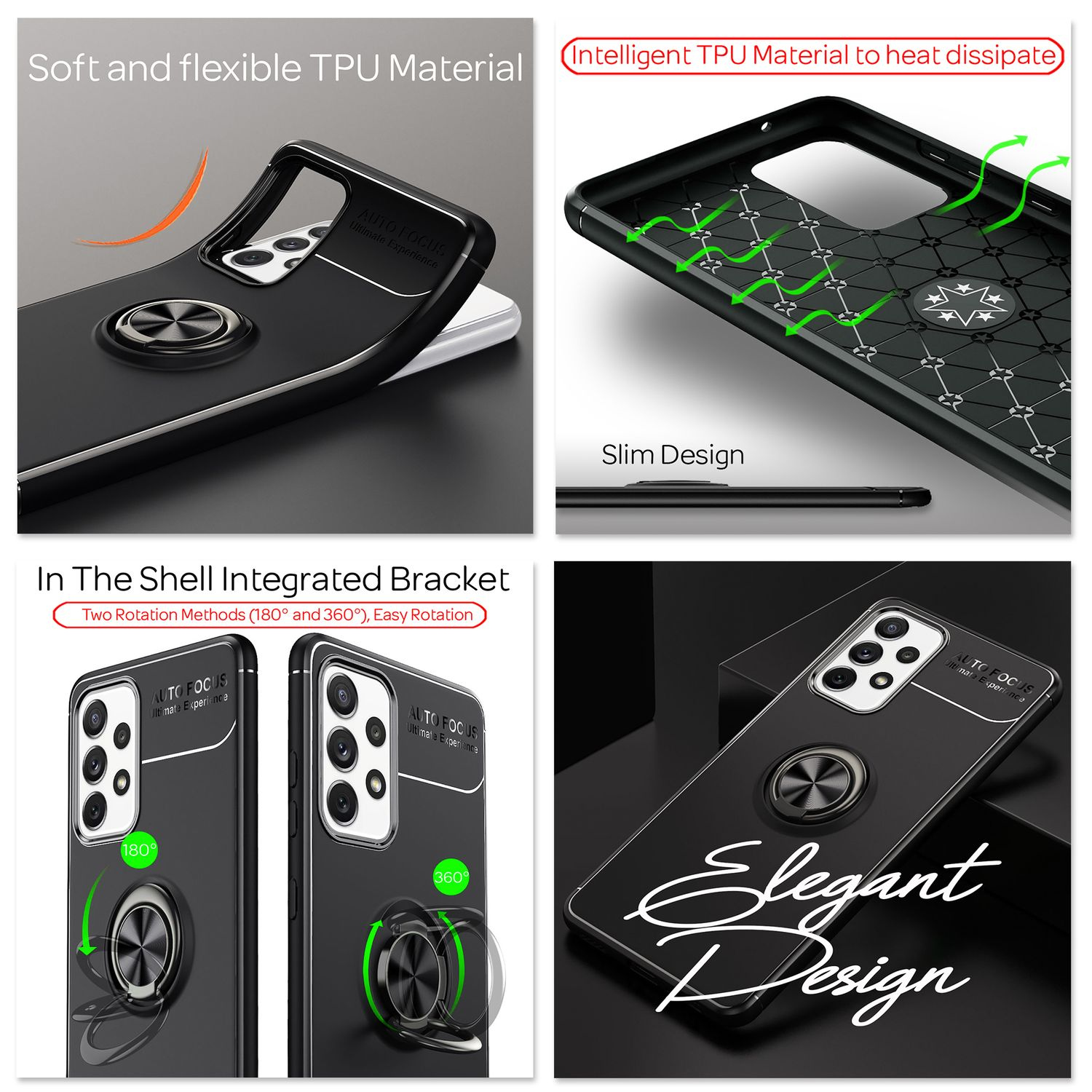 Schwarze Handyhülle mit Ringhalterung am Telefon. Elegantes Design und TPU-Material.