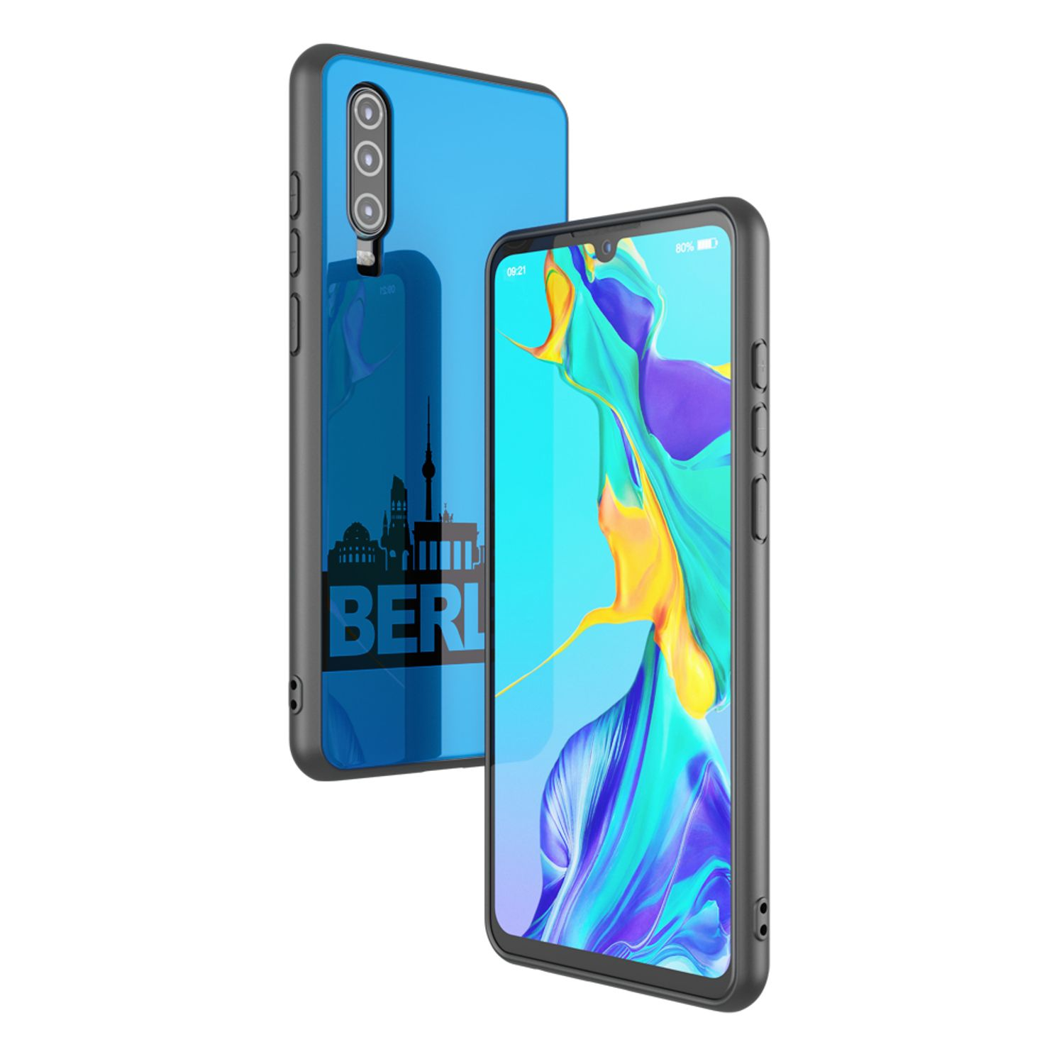 Zwei Telefone mit Hüllen, eines zeigt einen Bildschirm mit Berlin-Grafik, das andere die blaue Rückseite der Hülle.