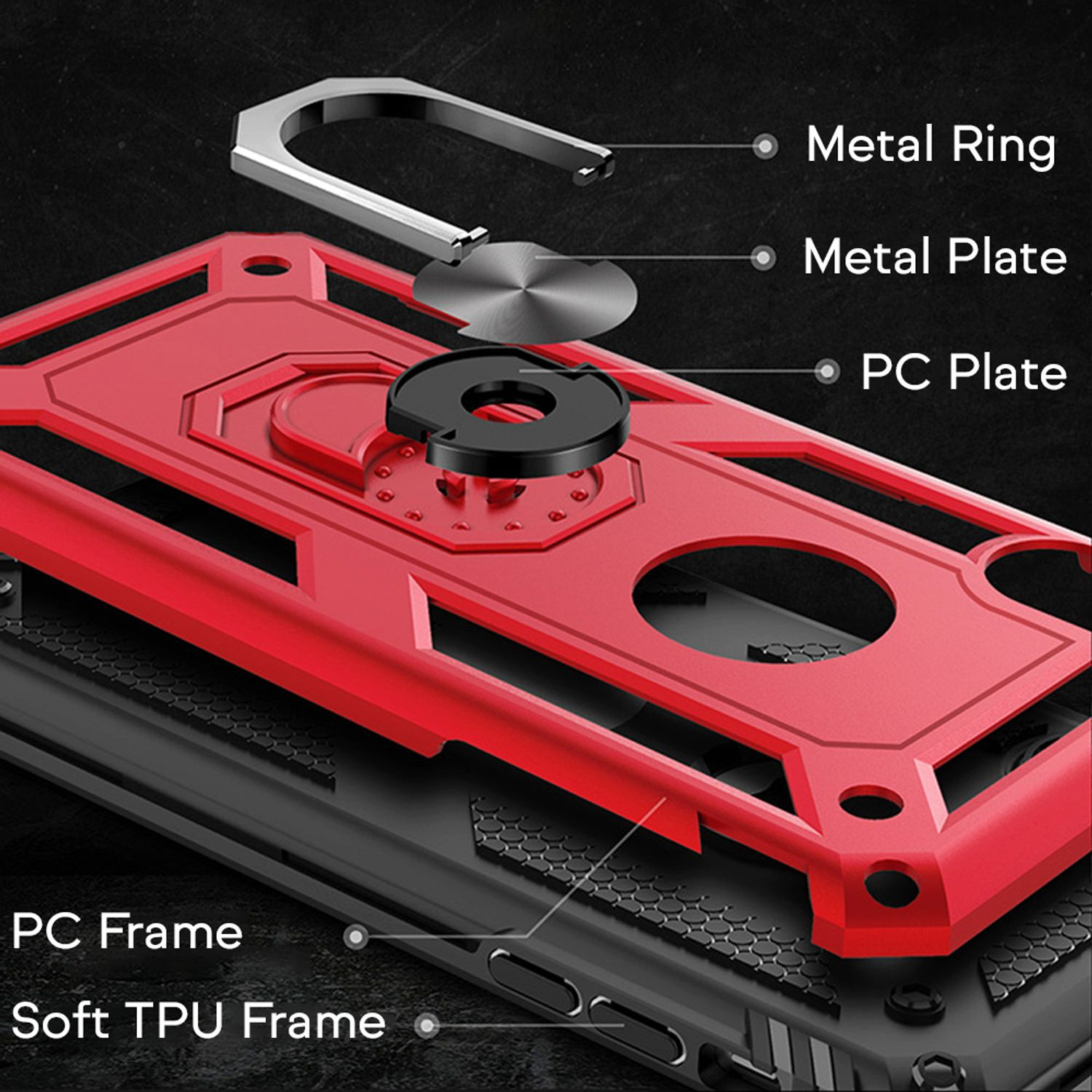 Rote Handyhülle mit Metallring und -platte, mit PC- und Soft-TPU-Rahmen.