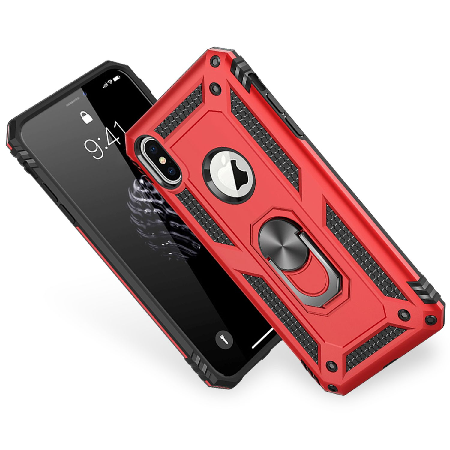 Eine rote Handyhülle mit einem Telefon darin. Auf der Rückseite befindet sich ein Ringhalter.