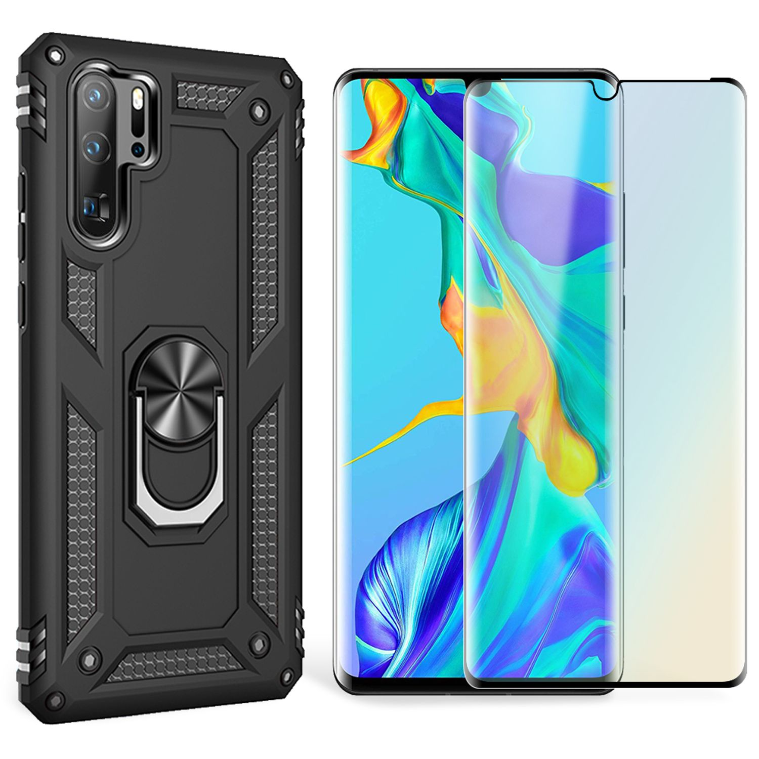 Eine schwarze Handyhülle mit Ringhalter neben einem Telefon mit Displayschutzfolie.