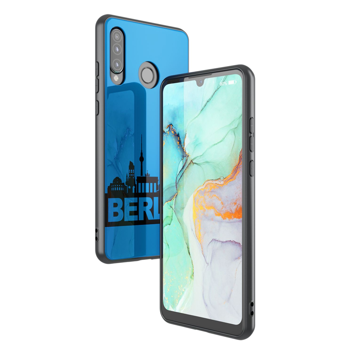 Zwei Telefone, eines mit Berlin-Skyline-Hülle, das andere zeigt seinen Bildschirm. Beide befinden sich auf weißem Hintergrund.