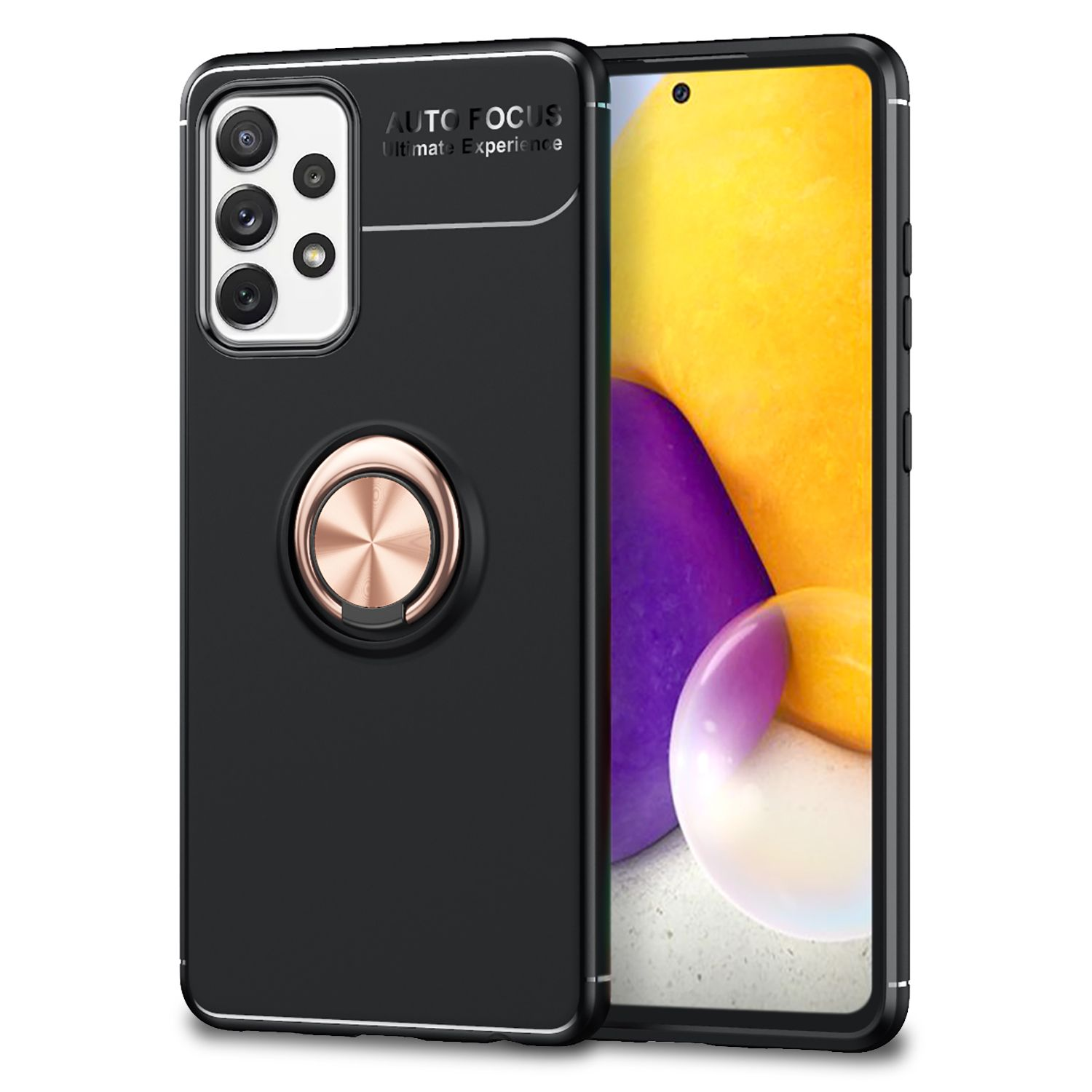 Schwarze Handyhülle mit roségoldenem Ring. Das Telefon hat einen schwarzen Bildschirm. Die Hülle hat eine Kamera.