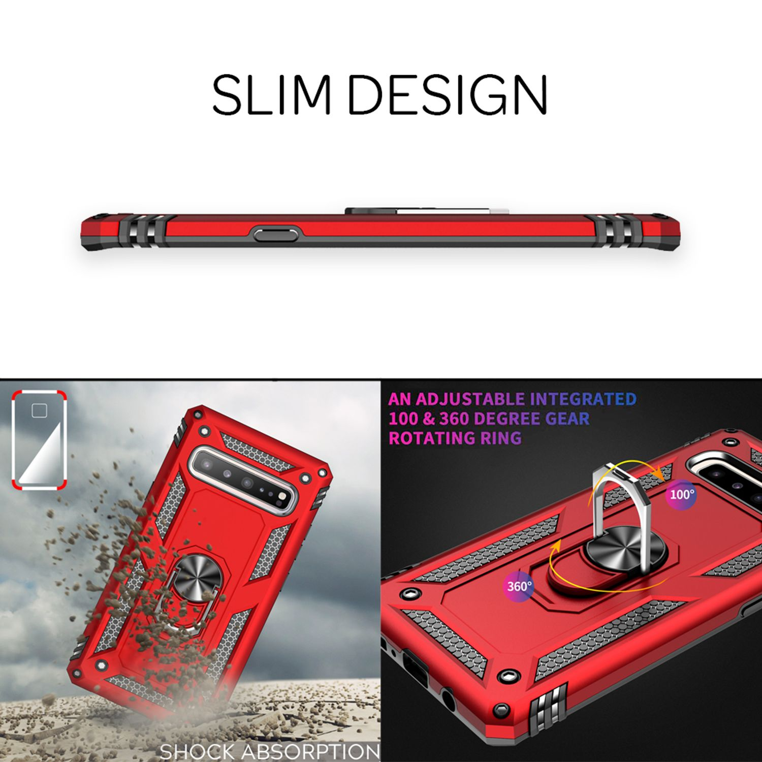Rote Handyhülle mit drehbarem Ring, Stoßdämpfung und schlankem Design. Mehrere Ansichten.