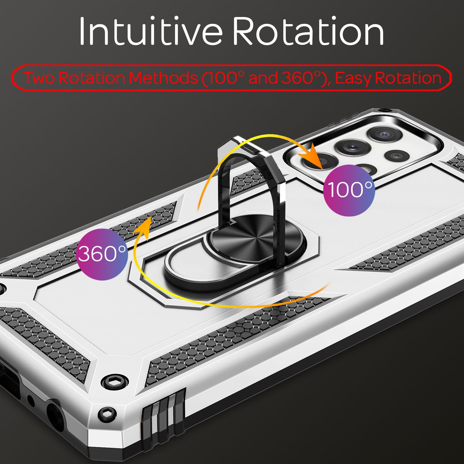 Silberne Handyhülle mit Ringhalter. Text: Intuitive Rotation. 100 und 360 Grad Drehung.
