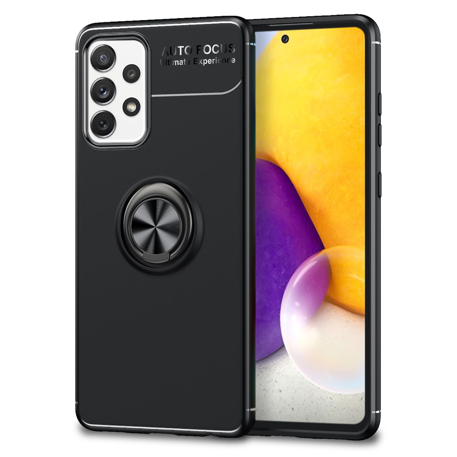 Schwarze Handyhülle mit silbernem Ringhalter, Telefon rechts. Auf der Hülle steht 'AUTO FOCUS Ultimate Experience'.