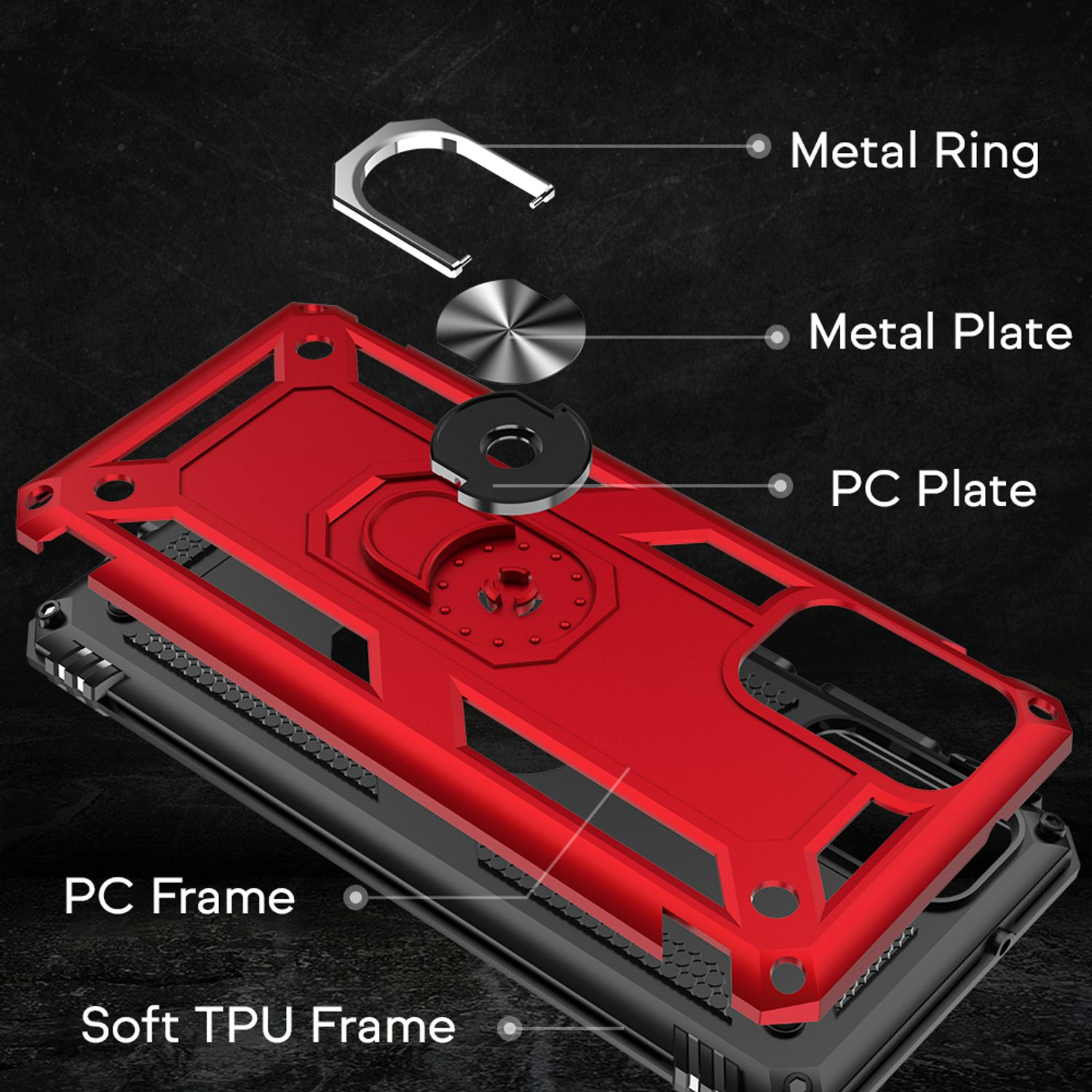 Eine rote Handyhülle mit Metallring, Platte und PC-Rahmen und weichem TPU-Rahmen.