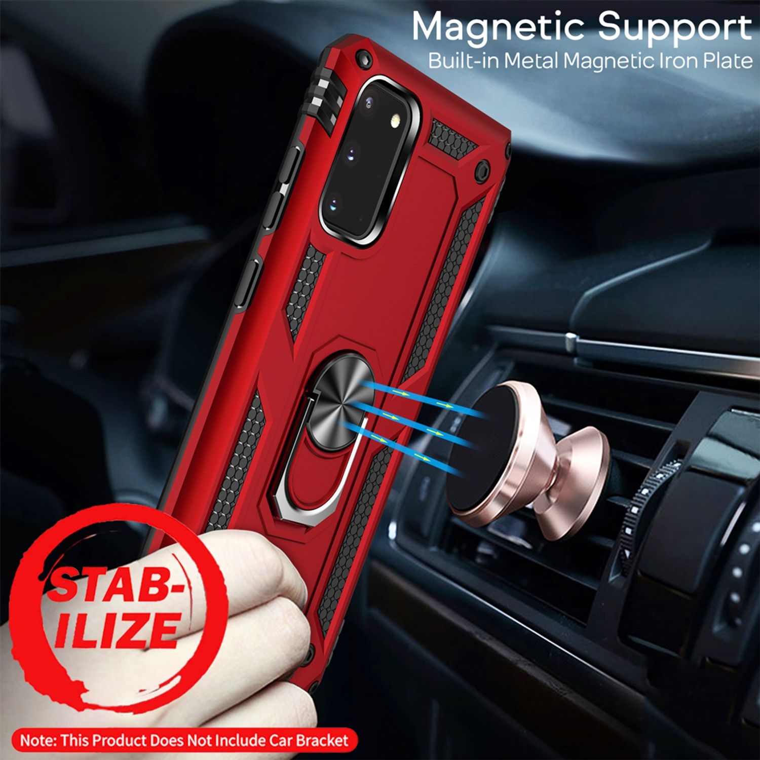 Rote Handyhülle mit Metallring, an der Lüftungsöffnung befestigt. Text: Magnetic Support, Stabilize.