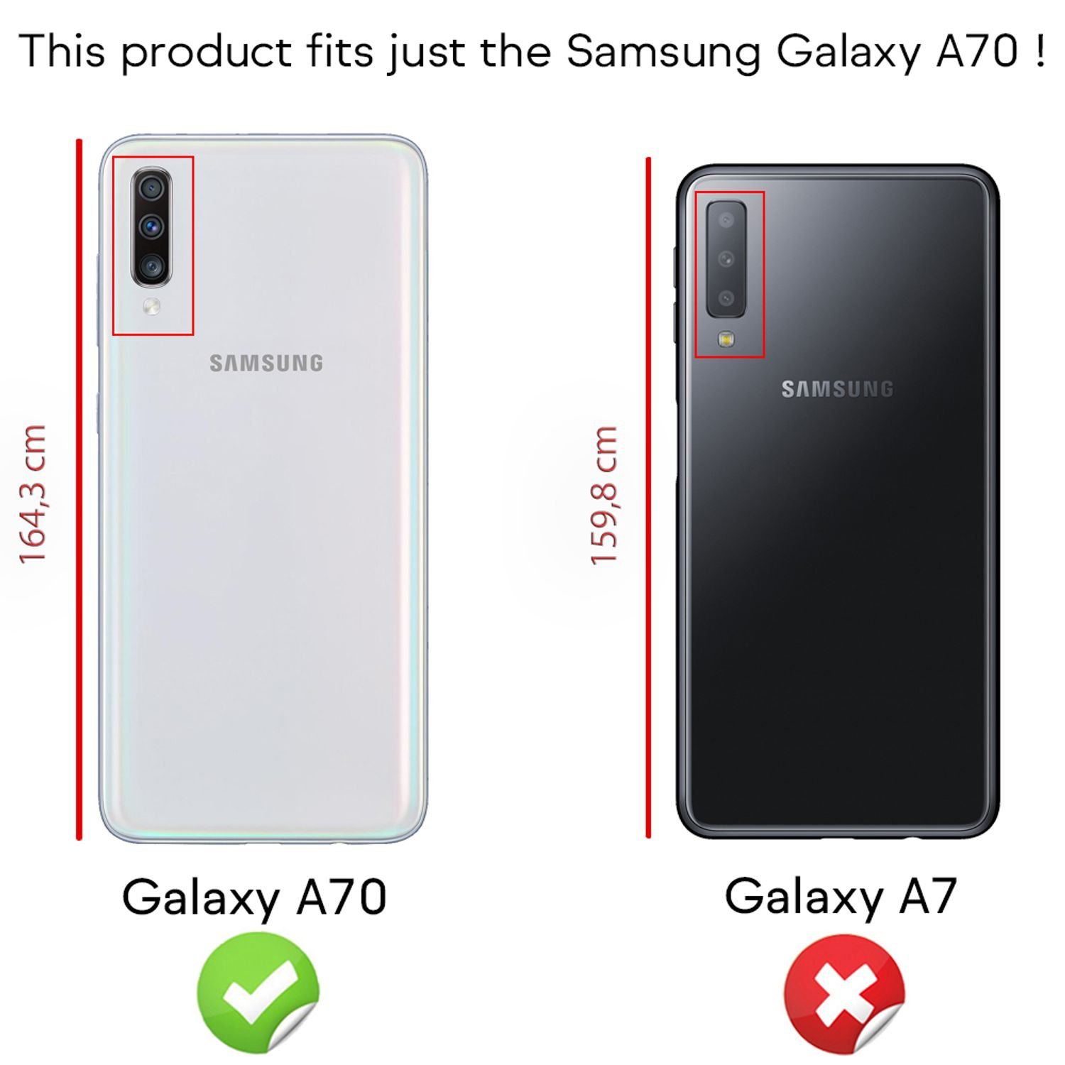 Zwei Telefone: weißes Galaxy A70, grünes Häkchen; schwarzes Galaxy A7, rotes X. Abmessungen in cm.
