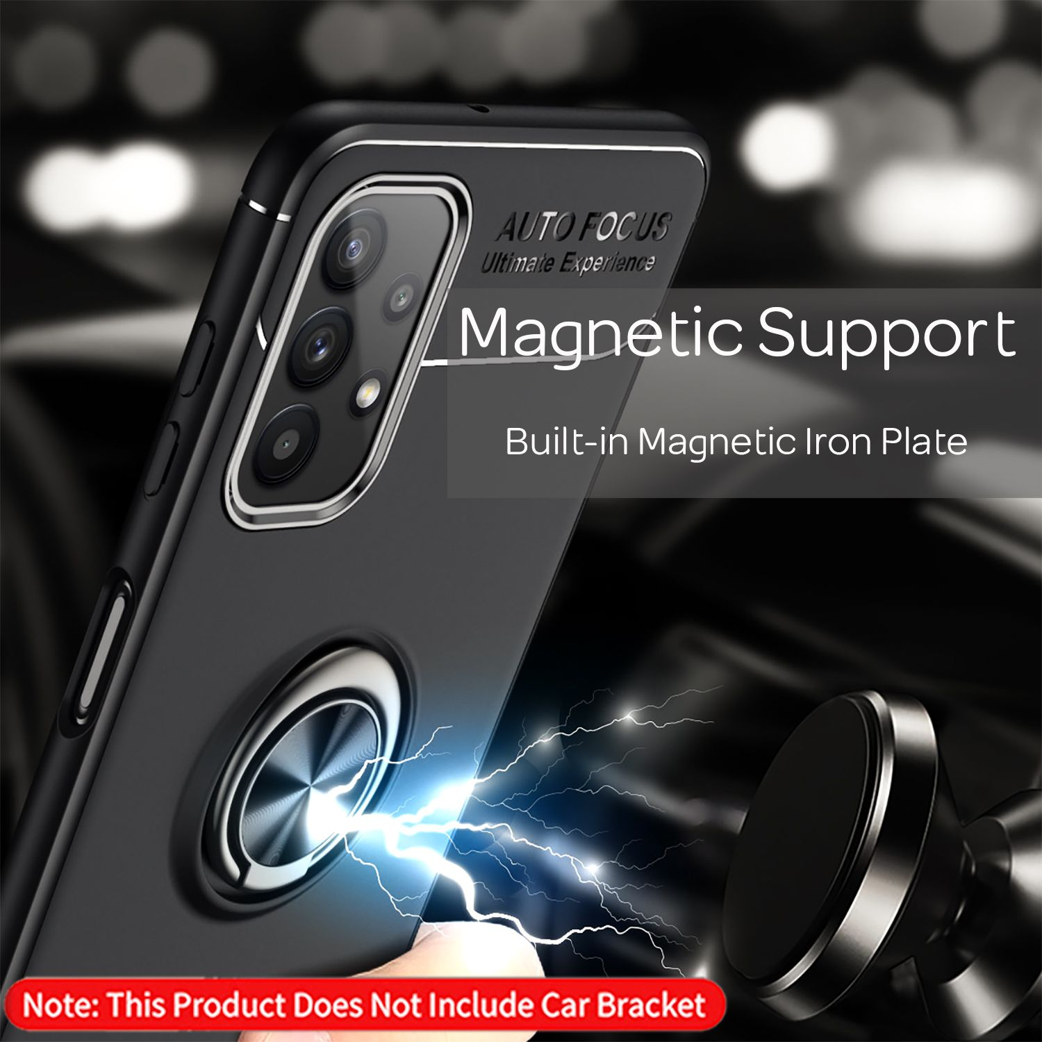 Eine schwarze Handyhülle mit Metallring, hat eine magnetische Halterung. Die Hülle hat auch eine Halterung.