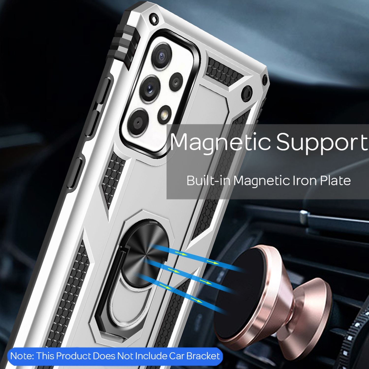 Silberne Handyhülle mit magnetischer Halterung und eingebauter magnetischer Eisenplatte. Es ist in einem Auto.