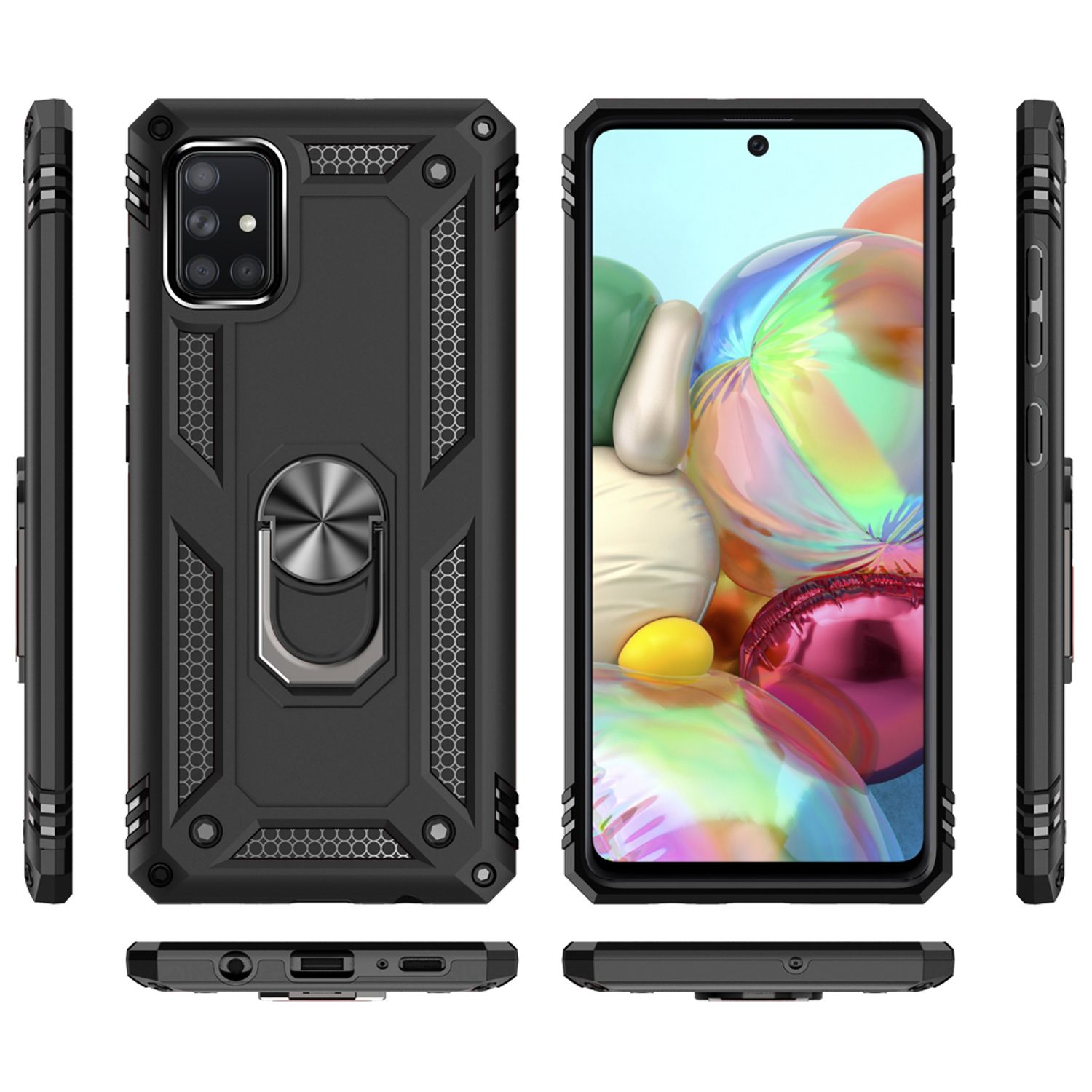 Schwarze Handyhülle mit Ringhalterung. Telefonbildschirm sichtbar. Mehrere Winkel auf weißem Hintergrund.