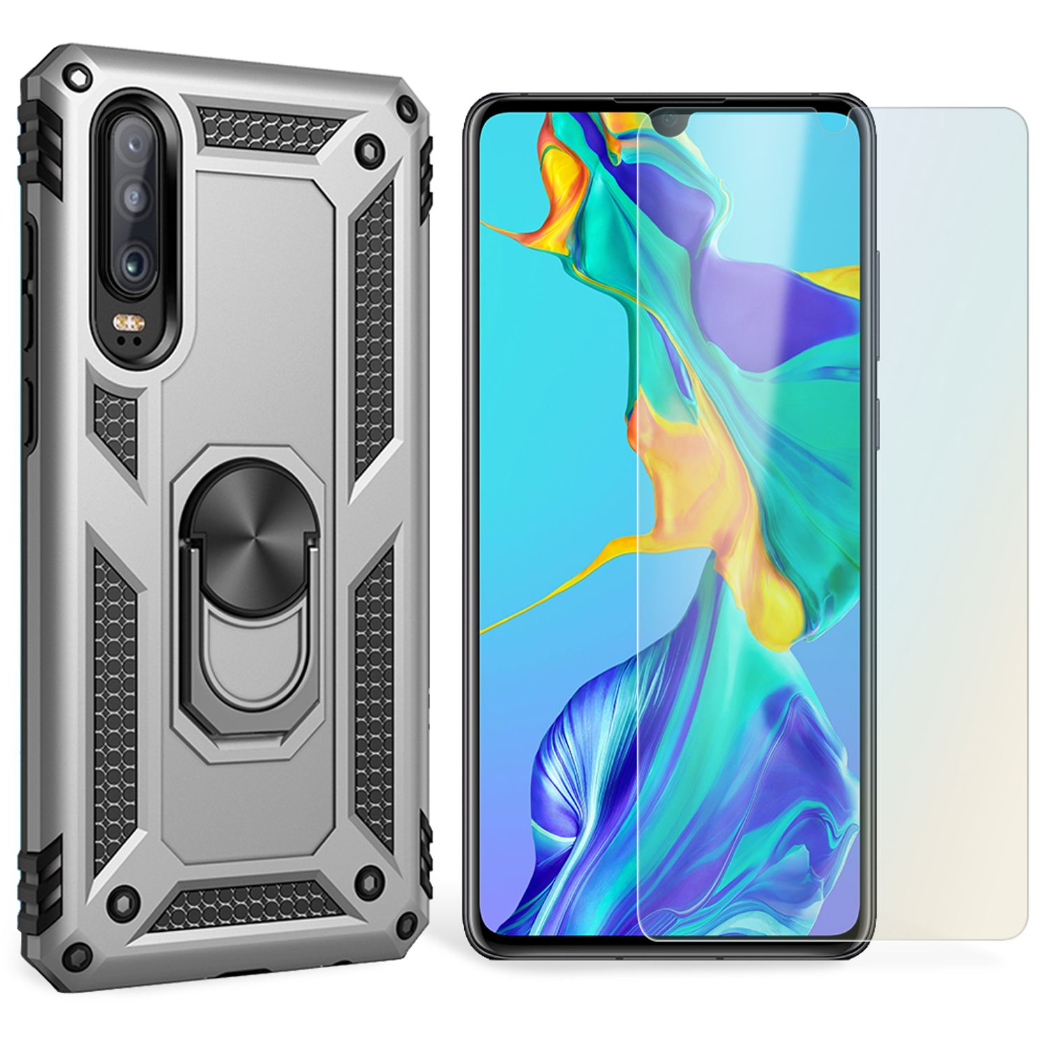 Eine silberne Handyhülle mit Ständer und eine klare Displayschutzfolie, und ein Telefon mit Bildschirm.