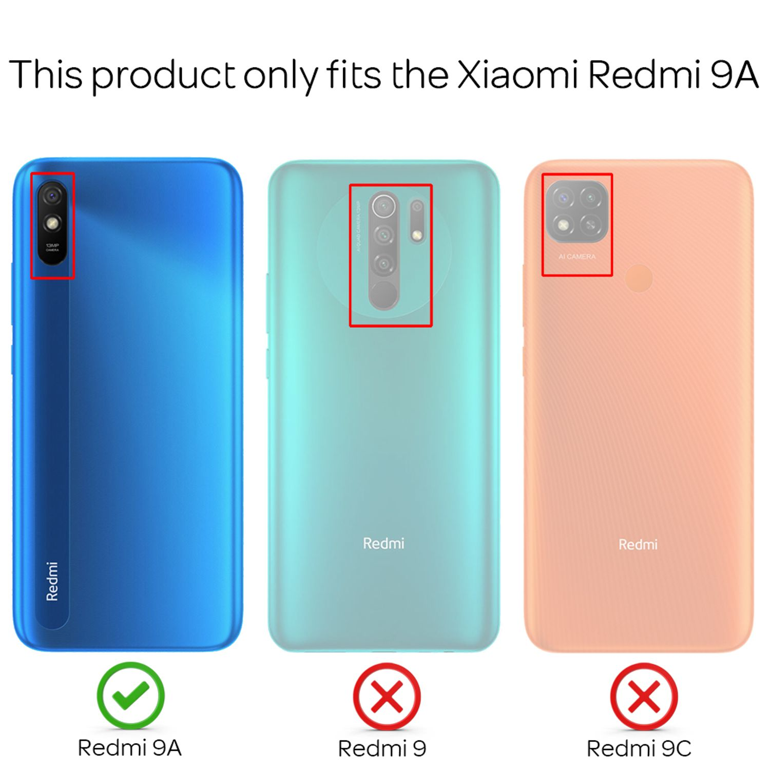 Drei Telefone. Text: Dieses Produkt passt nur für das Xiaomi Redmi 9A. Blaues Telefon ist richtig. Die anderen beiden nicht.