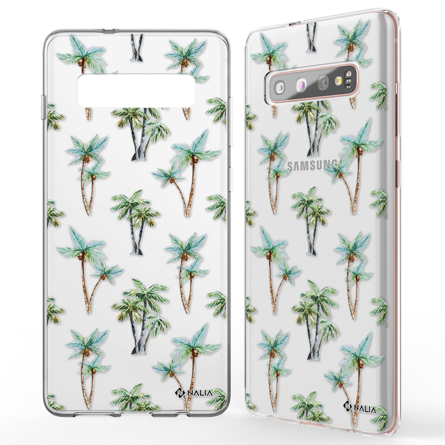 Coque transparente avec motif de palmiers et un téléphone, fond blanc.