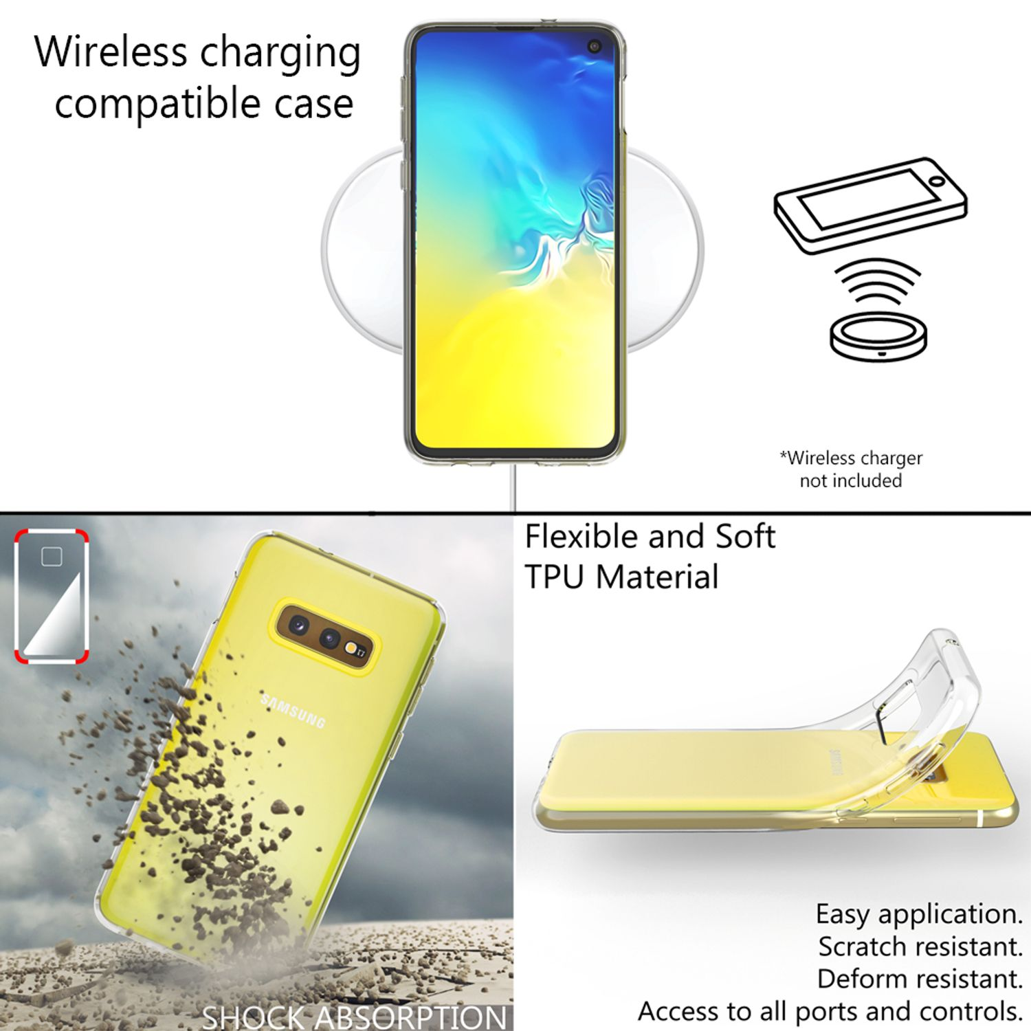 Ein Telefon in einer durchsichtigen Hülle und ein kabelloses Ladegerät. Die Hülle ist gelb und zeigt Stoßabsorption.