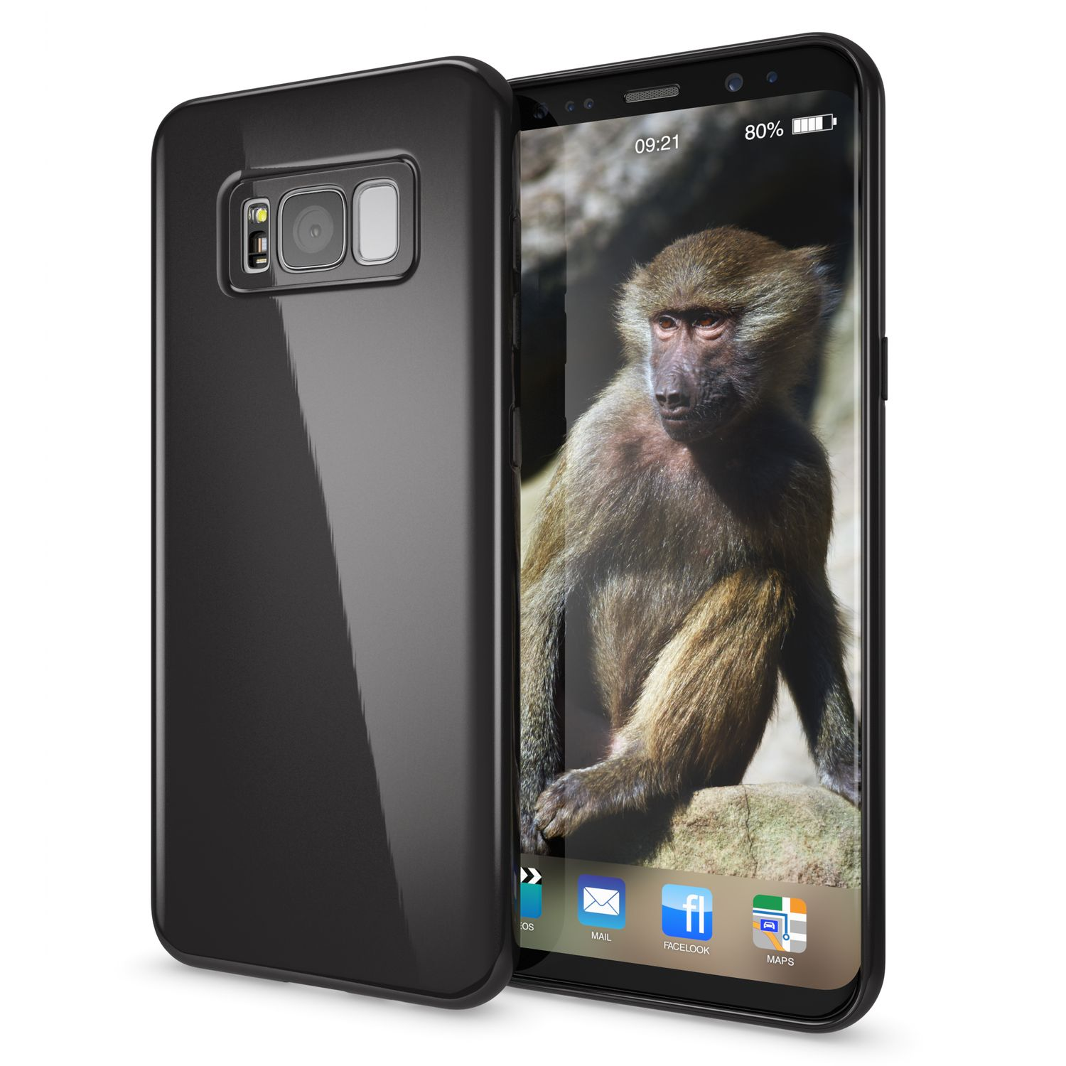 Eine schwarze Handyhülle und ein Telefon mit einem Pavianbild auf dem Bildschirm. Der Bildschirm zeigt Apps.