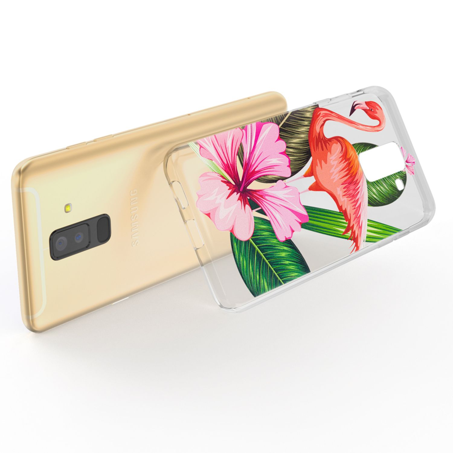 Handyhülle mit Flamingo- und Blumendesign.