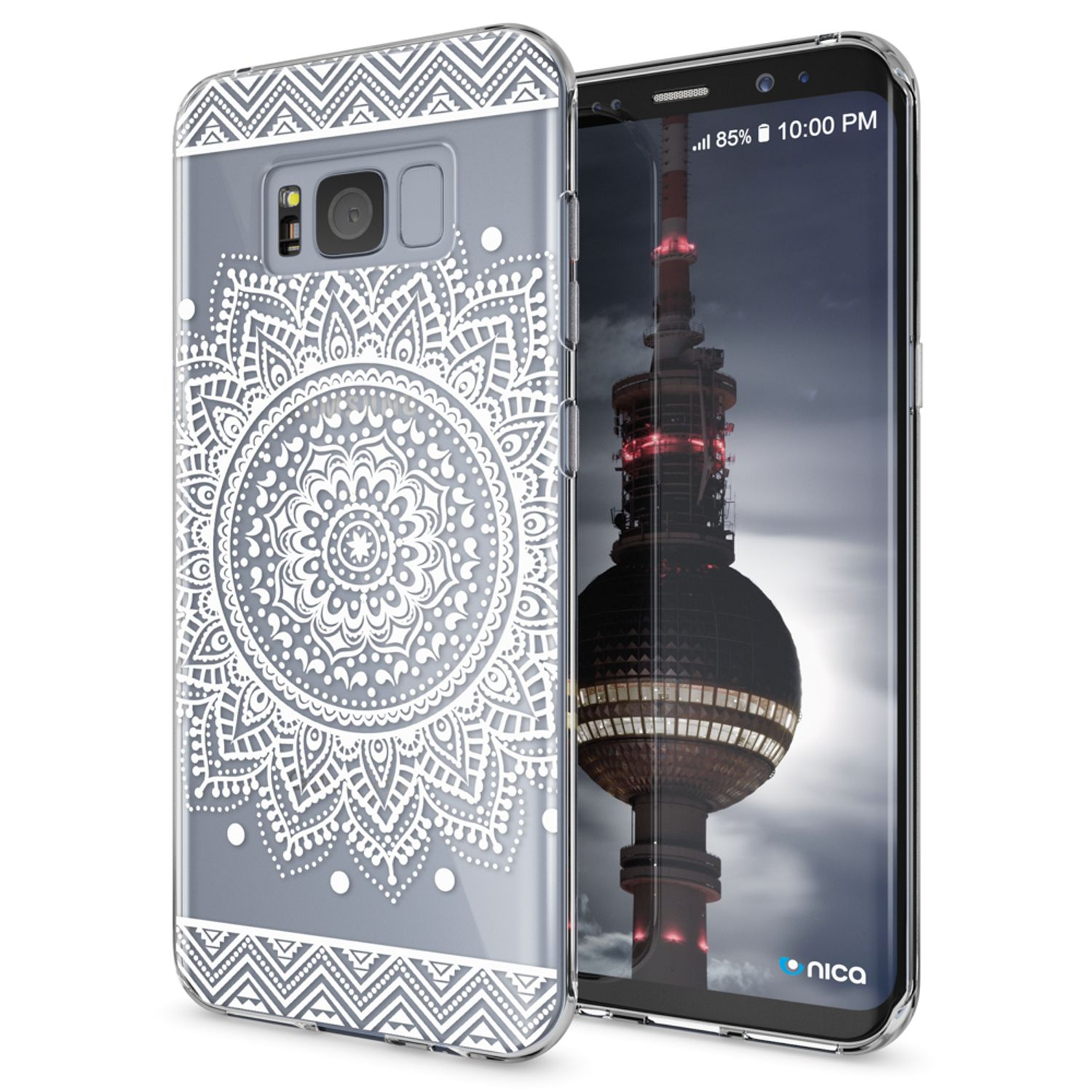 Transparente Hülle mit Mandala-Design. Telefon zeigt Nachthimmel.