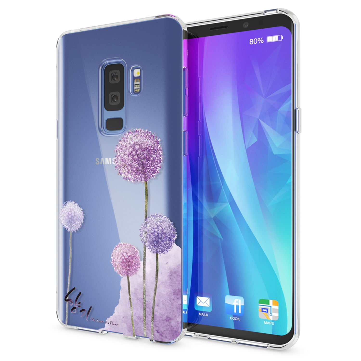 Telefon mit floralem Gehäuse. Der Bildschirm zeigt ein lila Blumenfeld. Weißer Hintergrund.