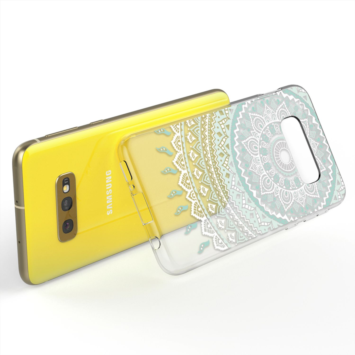 Gelbes Telefon mit klarer Hülle, verziert mit einem Mandala-Design in Gold und Blau.