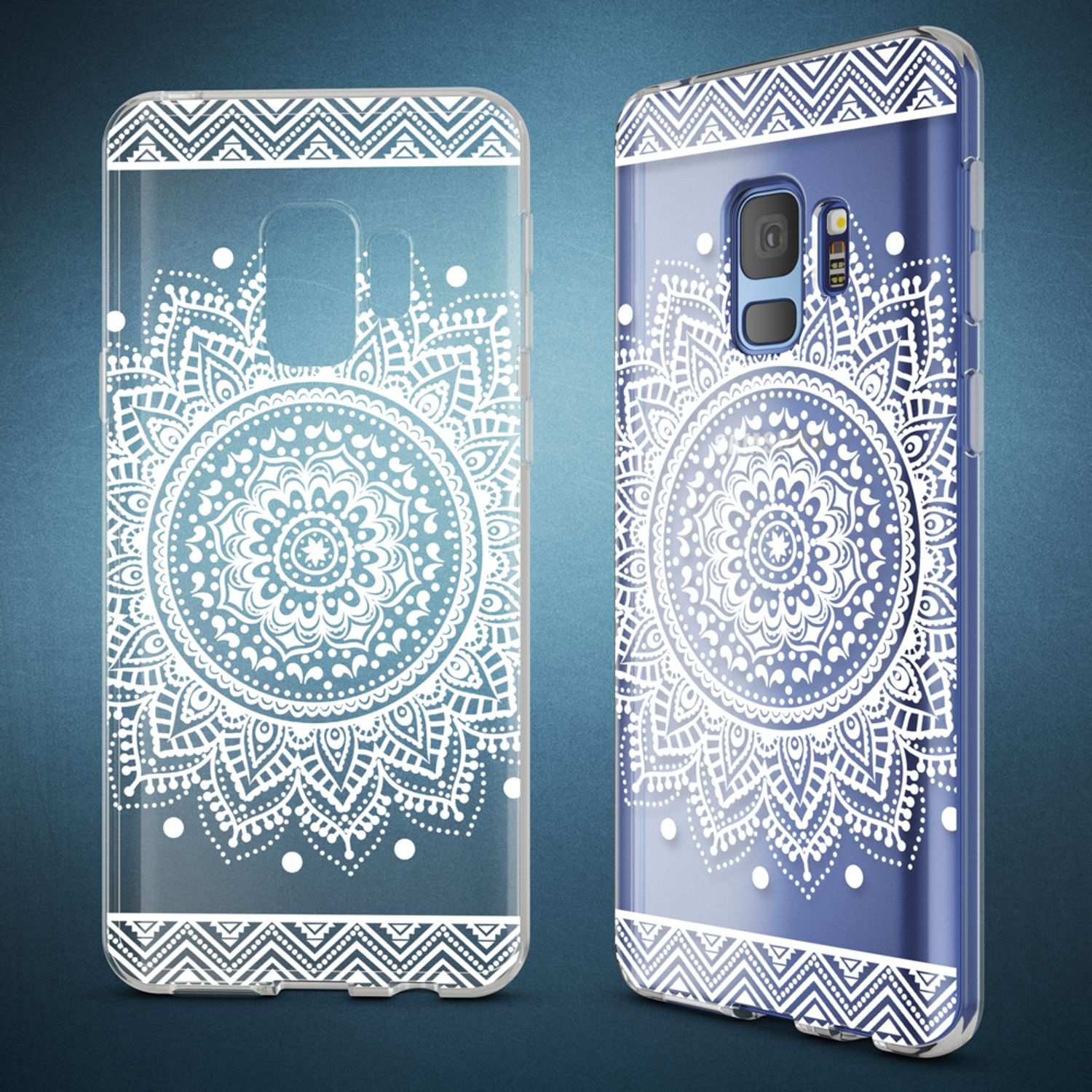 Handyhüllen mit weißem Mandala-Design. Eine Hülle ist transparent, die andere blau mit gleichem Design.