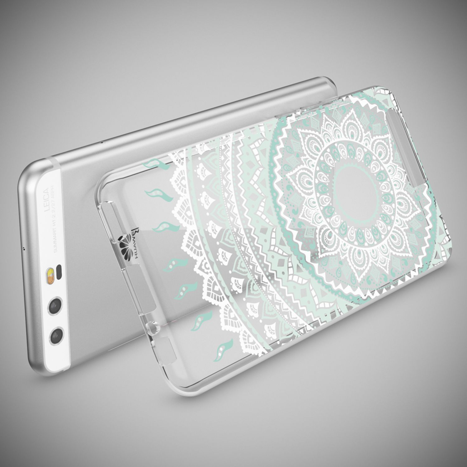 Transparente Handyhülle mit Mandala-Design. Das Telefon ist silberfarben. Grauer Hintergrund.
