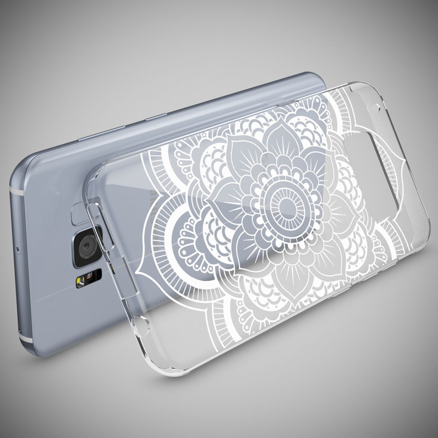 Telefon mit klarer Hülle. Die Hülle hat ein weißes Mandala-Design.