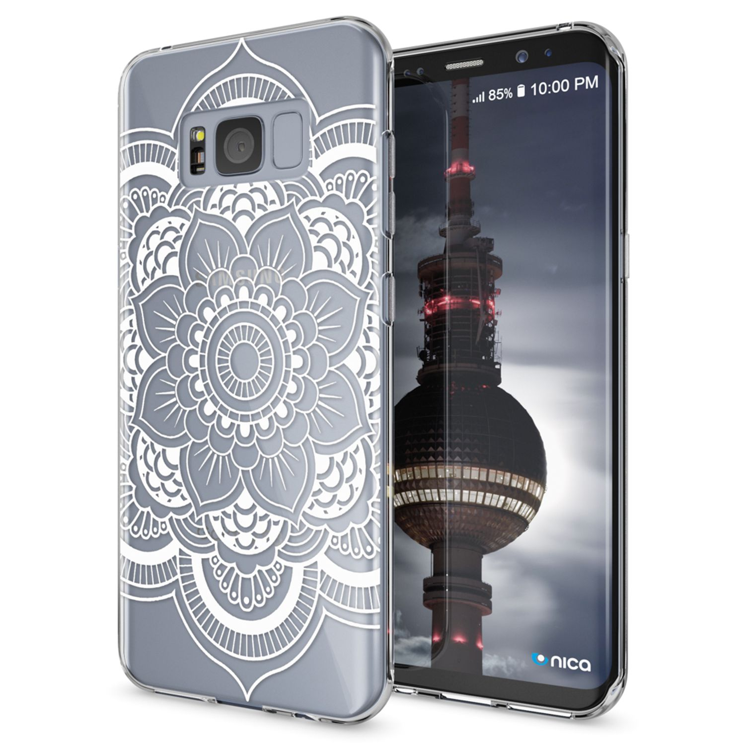 Handyhülle mit Mandala-Design. Das Telefon zeigt eine Nachtszene mit hohem Gebäude.