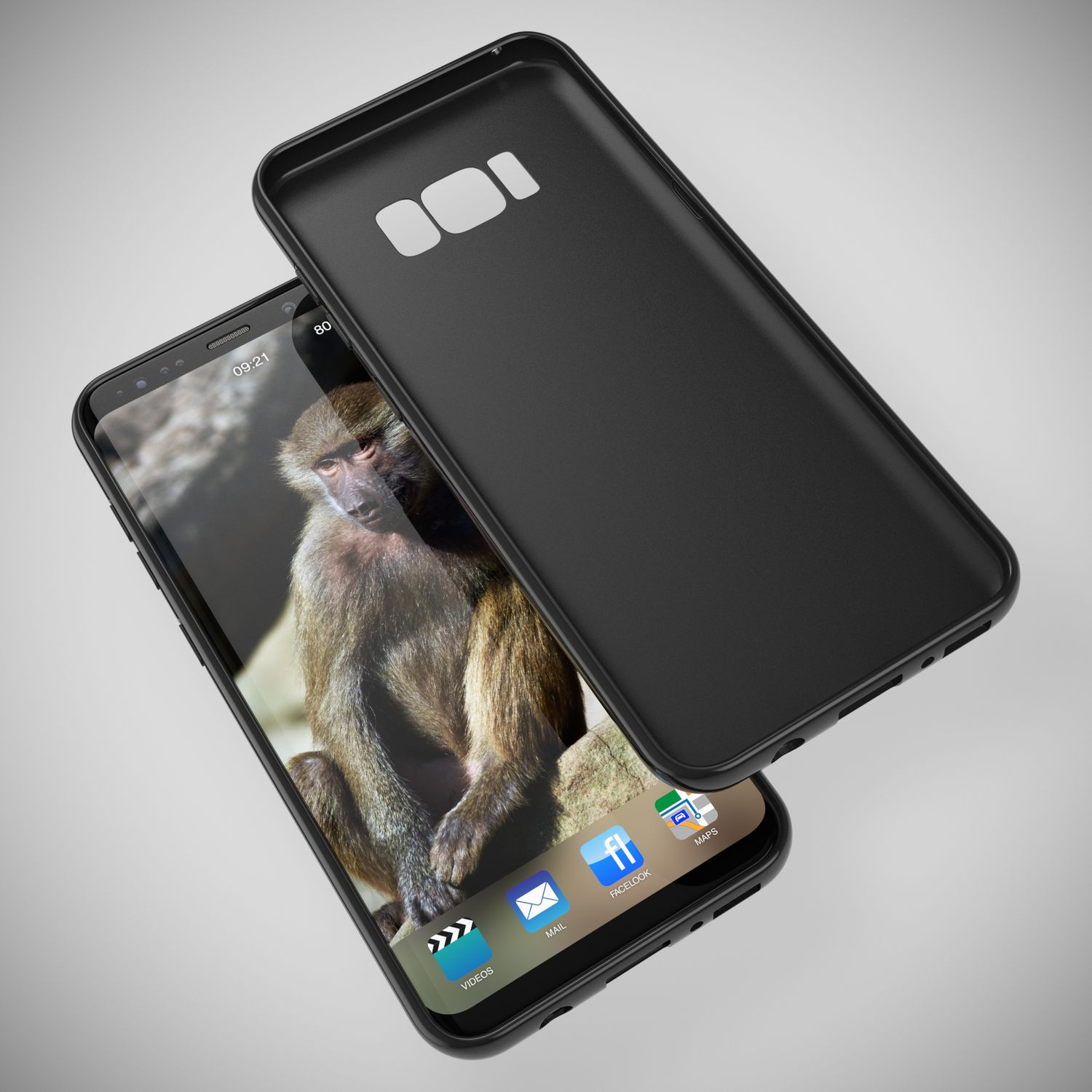 Eine schwarze Handyhülle auf einem Telefon mit einem Affen auf dem Bildschirm. Das Telefon befindet sich auf hellem Hintergrund.