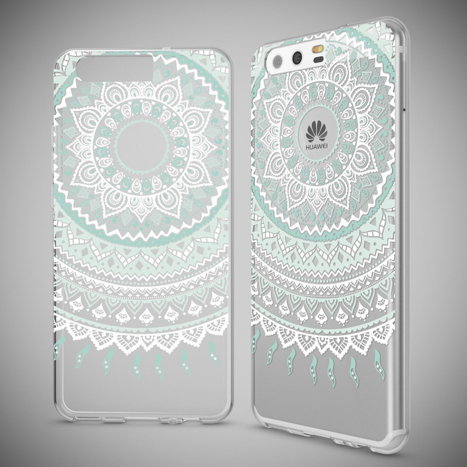 Handyhüllen, Mandala-Design. Mint- und weiße Muster auf transparentem Hintergrund.