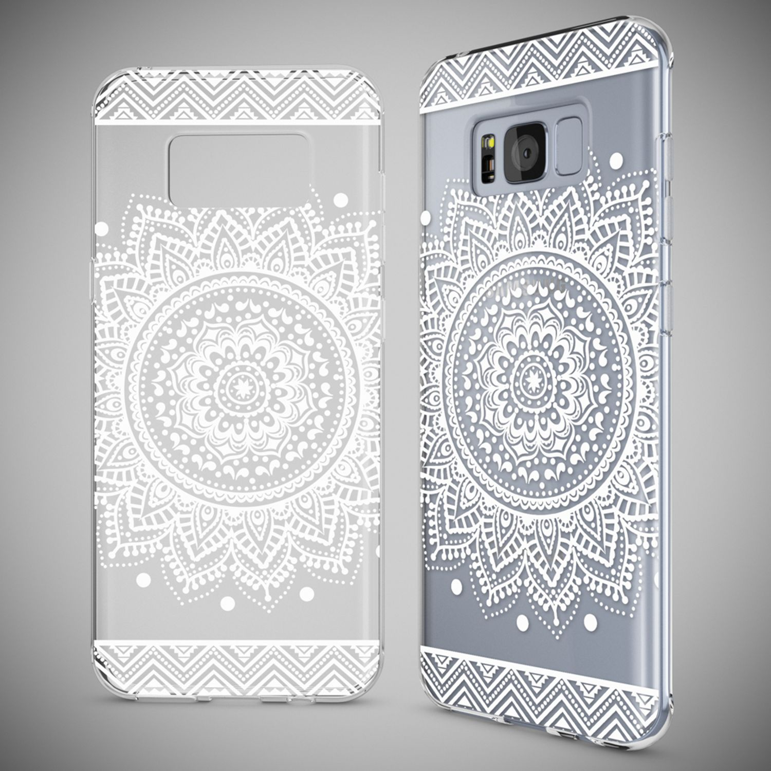 Zwei transparente Handyhüllen mit weißen Mandala-Designs auf grauem Hintergrund.