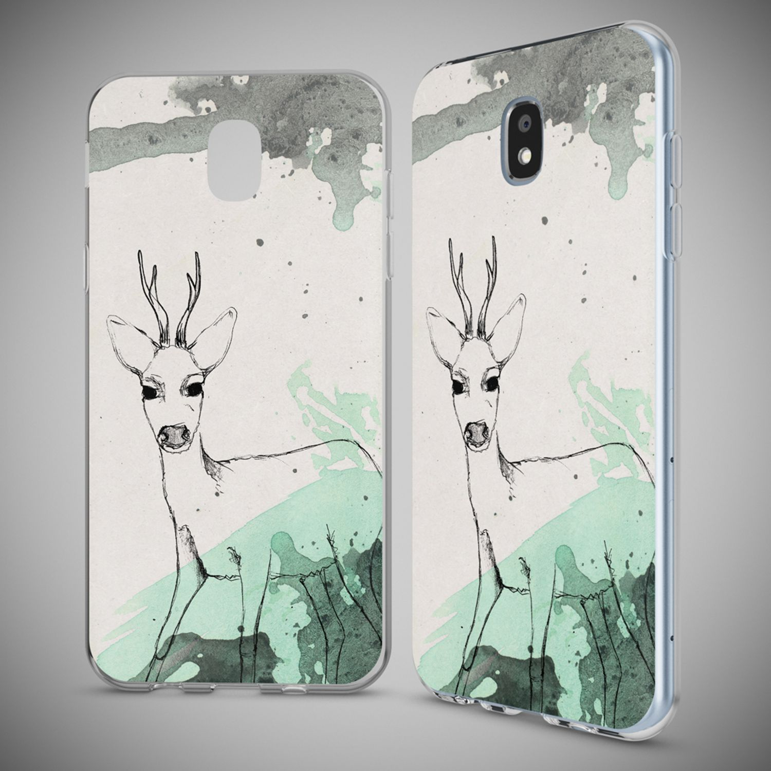 Handyhülle mit Hirschdesign, zwei Ansichten. Aquarellkunst mit grünen und grauen Spritzern.
