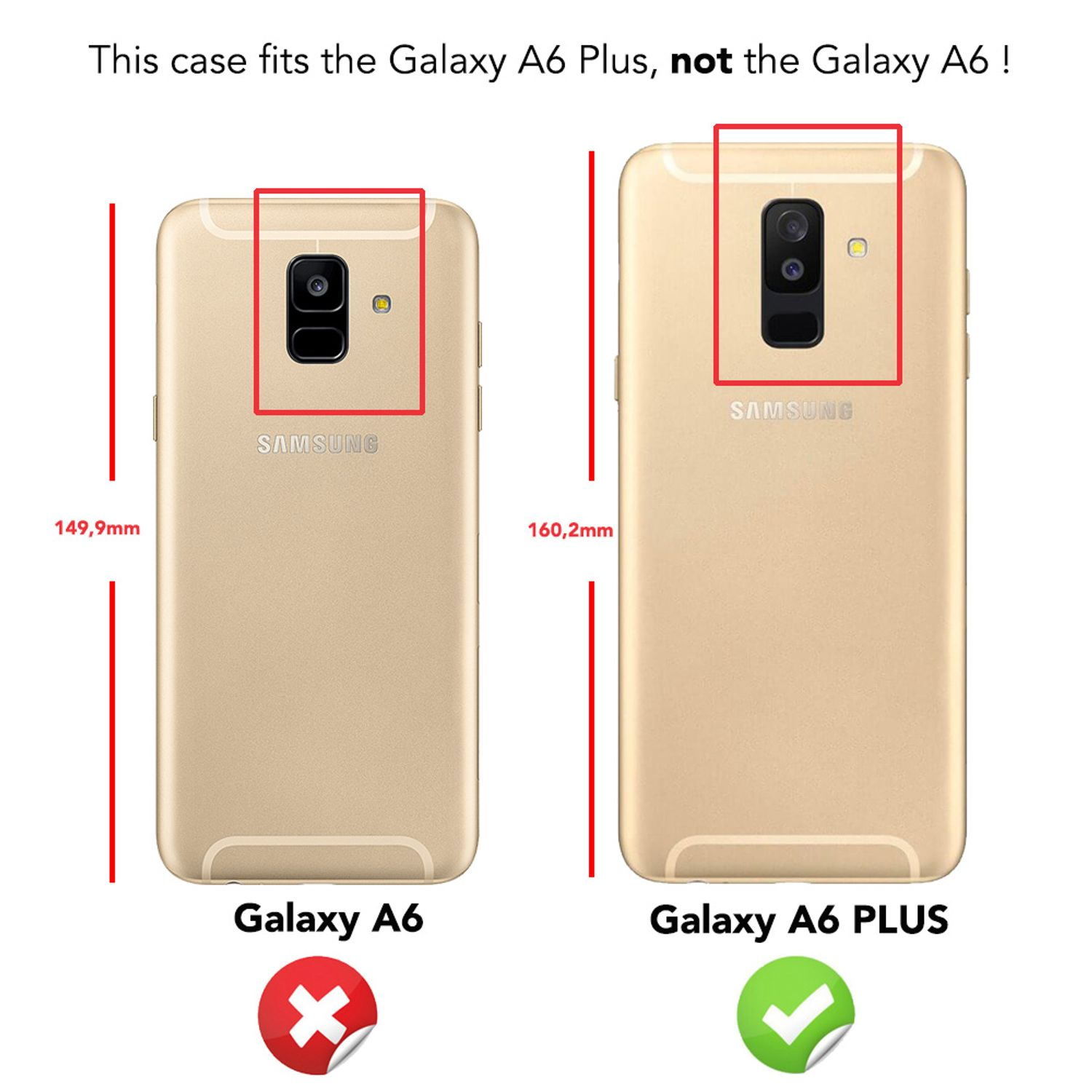 Zwei Telefone nebeneinander, ein Galaxy A6 und ein Galaxy A6 Plus, mit Größenangaben.