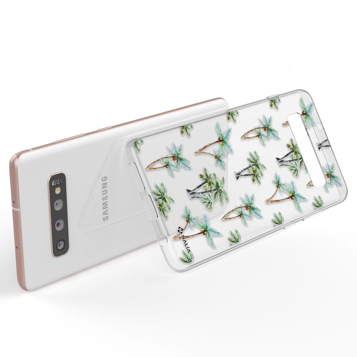 Un téléphone avec une coque transparente décorée de palmiers. Le fond est blanc.