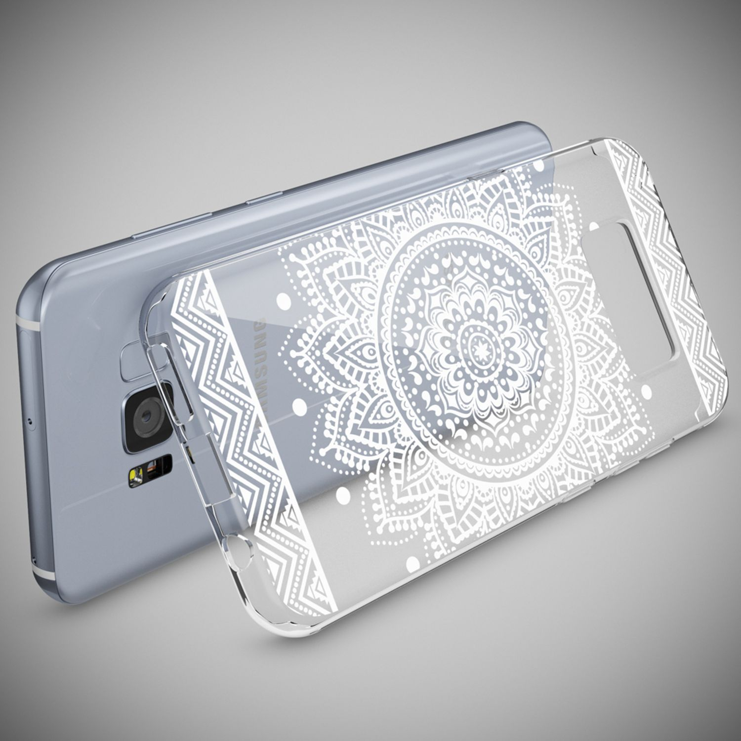 Transparente Handyhülle mit weißem Mandala-Design. Das Telefon ist silberfarben.
