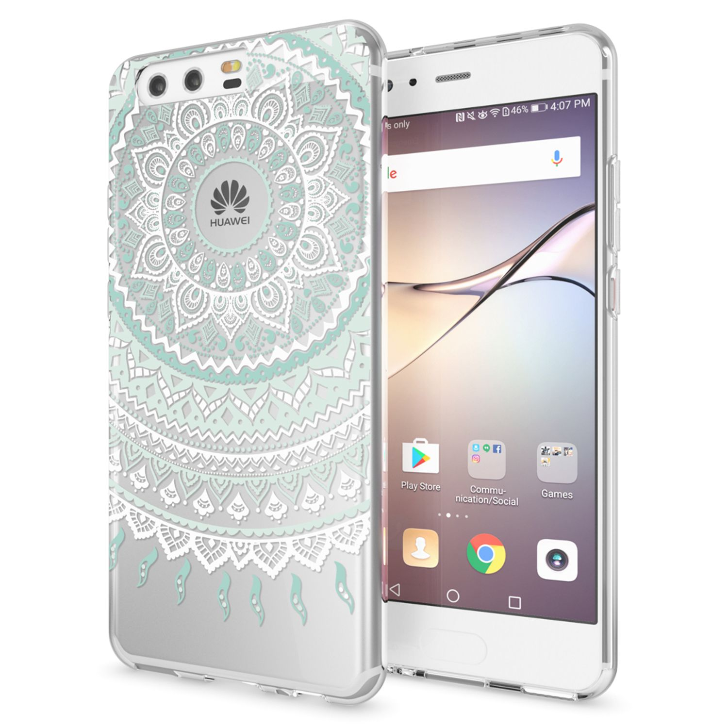 Telefon in einer Hülle mit floralem Design. Weißer Hintergrund.