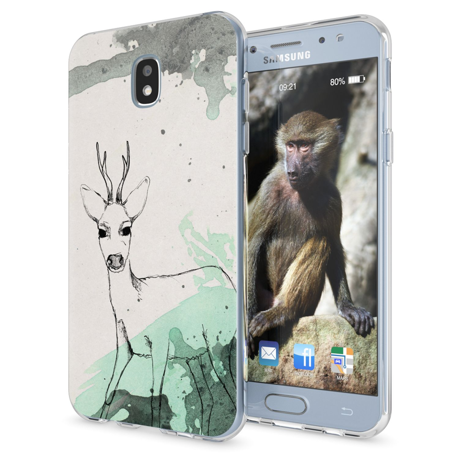Telefon in einer Hülle mit einer Hirschskizze. Das Telefon zeigt einen Affen auf einem Felsen.