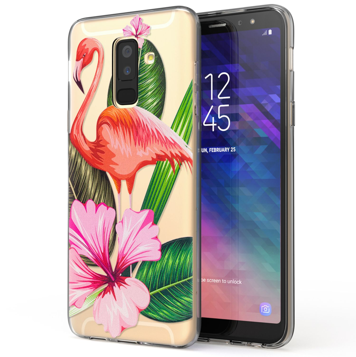 Telefon mit einer Hülle, die einen rosa Flamingo und tropische Blätter zeigt. Der Telefonbildschirm ist an.