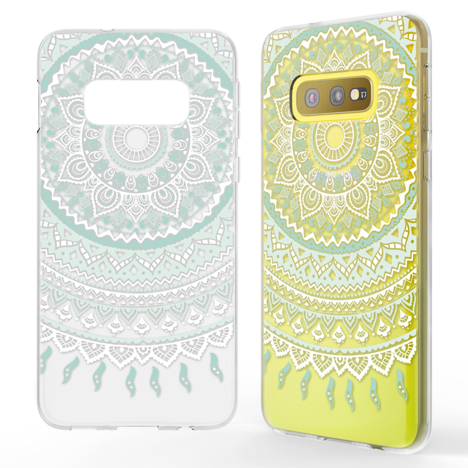 Handyhüllen mit Mandala-Designs in Hellblau und Gelb.