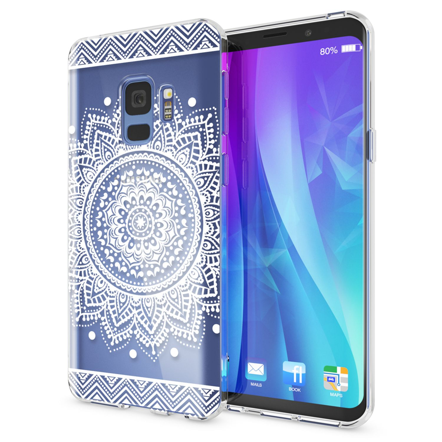 Eine klare Handyhülle mit weißem Mandala-Design befindet sich neben dem Telefon mit blauem Bildschirm.