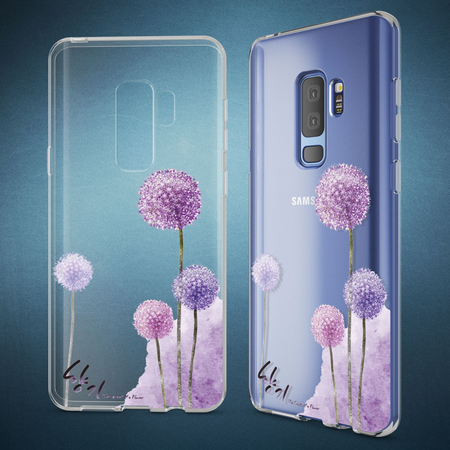 Handyhülle mit lila Blumendesign. Blumen mit Aquarelleffekt. Das Telefon ist blau und die Hülle transparent.